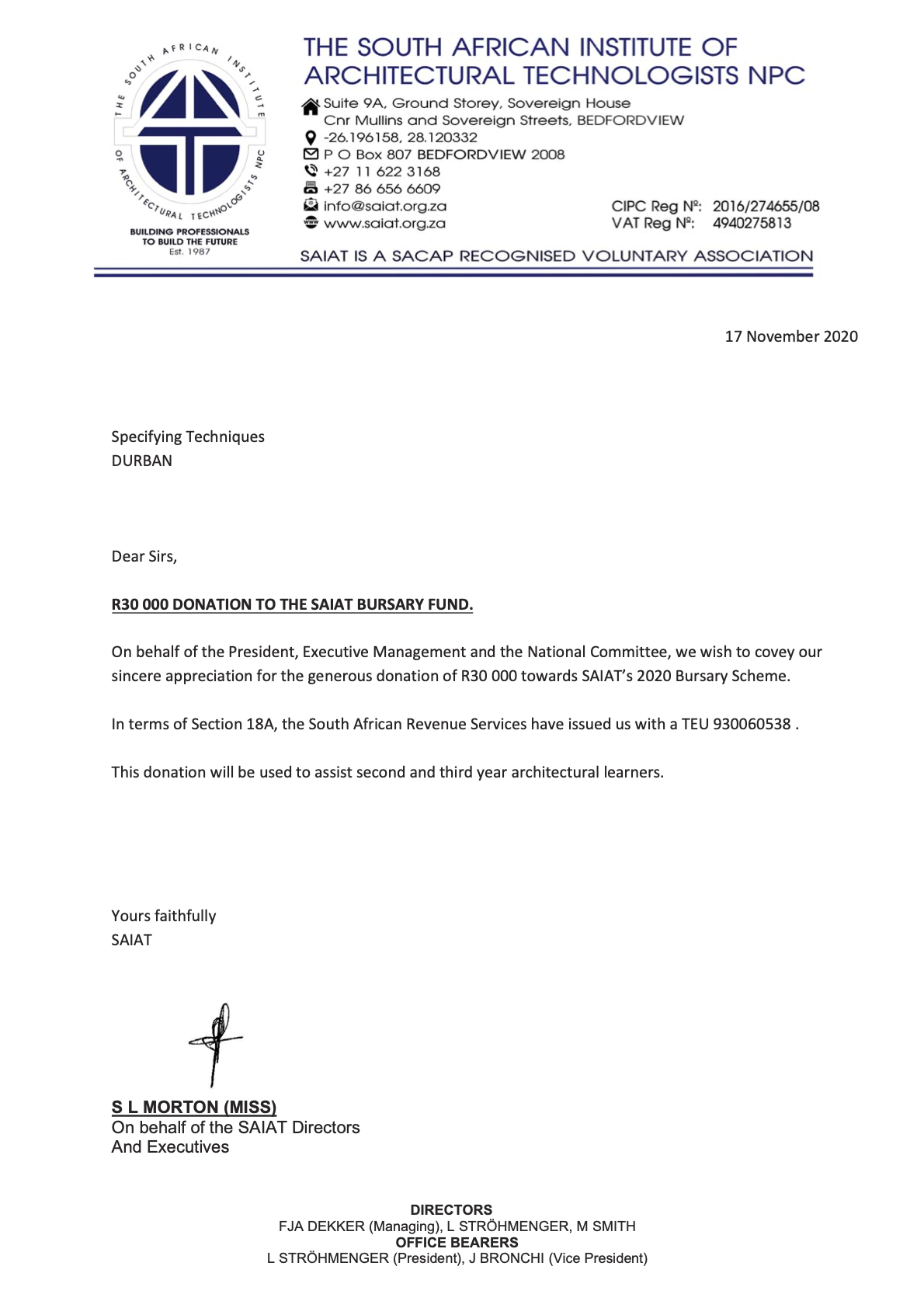 SAIAT Thank You Letter - Official acknowledgment of Specifying Techniques R30,000 contribution
